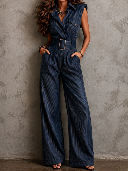 Vintage Pinstripe Denim Wide-Leg Jumpsuit With Belted Waist