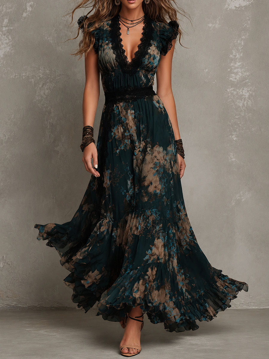 Vacation Boho Dark Floral Chiffon Maxi Dress – V-Neckline, Lace Trim, And Tiered Hem