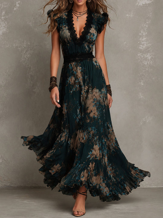 Vacation Boho Dark Floral Chiffon Maxi Dress – V-Neckline, Lace Trim, And Tiered Hem