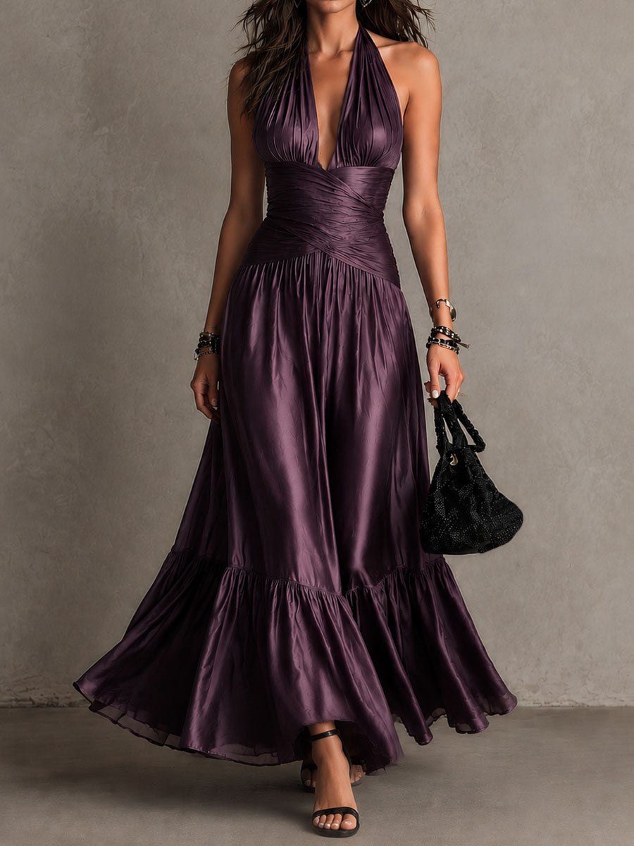 Retro Elegant Deep Plum Satin Ruched Waist Halter Maxi Dress