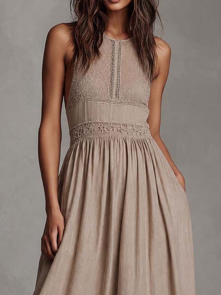 Boho Lace Linen Sleeveless Midi Dress