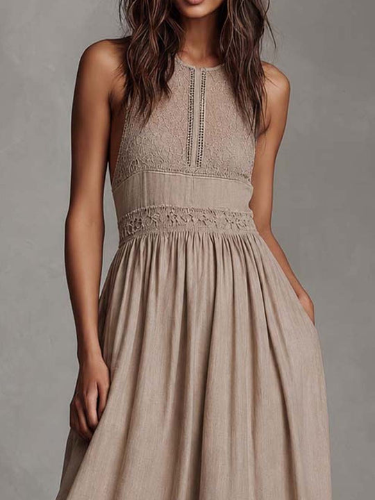 Boho Lace Linen Sleeveless Midi Dress
