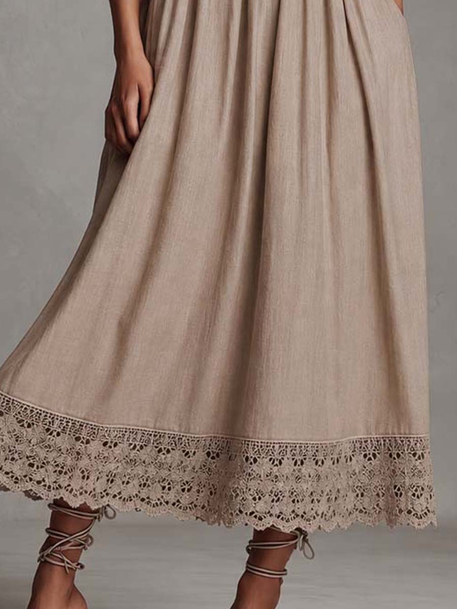 Boho Lace Linen Sleeveless Midi Dress