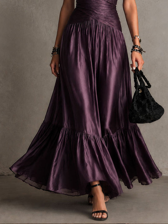 Retro Elegant Deep Plum Satin Ruched Waist Halter Maxi Dress