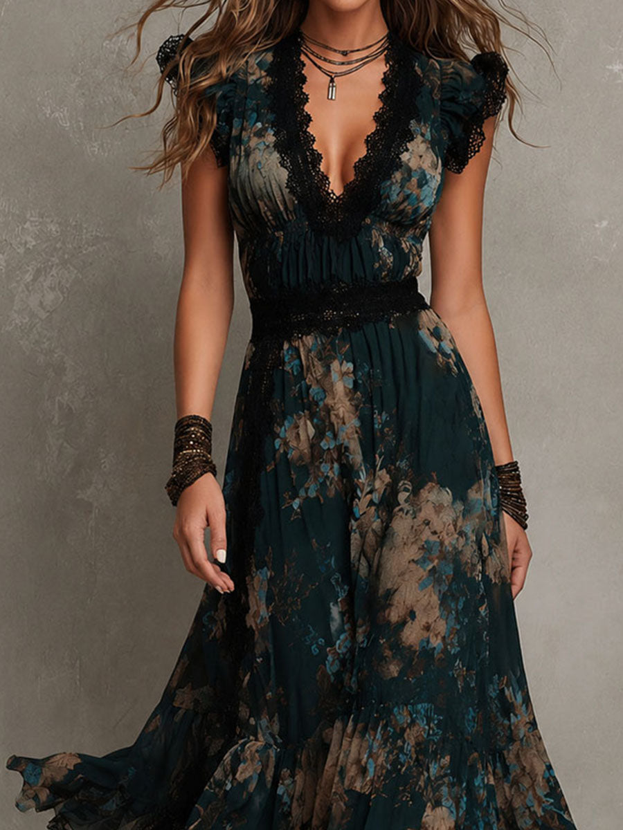 Vacation Boho Dark Floral Chiffon Maxi Dress – V-Neckline, Lace Trim, And Tiered Hem