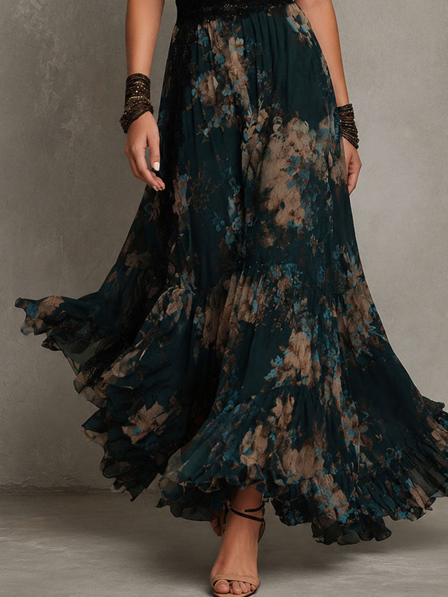 Vacation Boho Dark Floral Chiffon Maxi Dress – V-Neckline, Lace Trim, And Tiered Hem