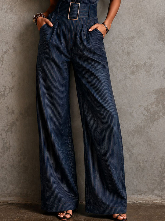 Vintage Pinstripe Denim Wide-Leg Jumpsuit With Belted Waist