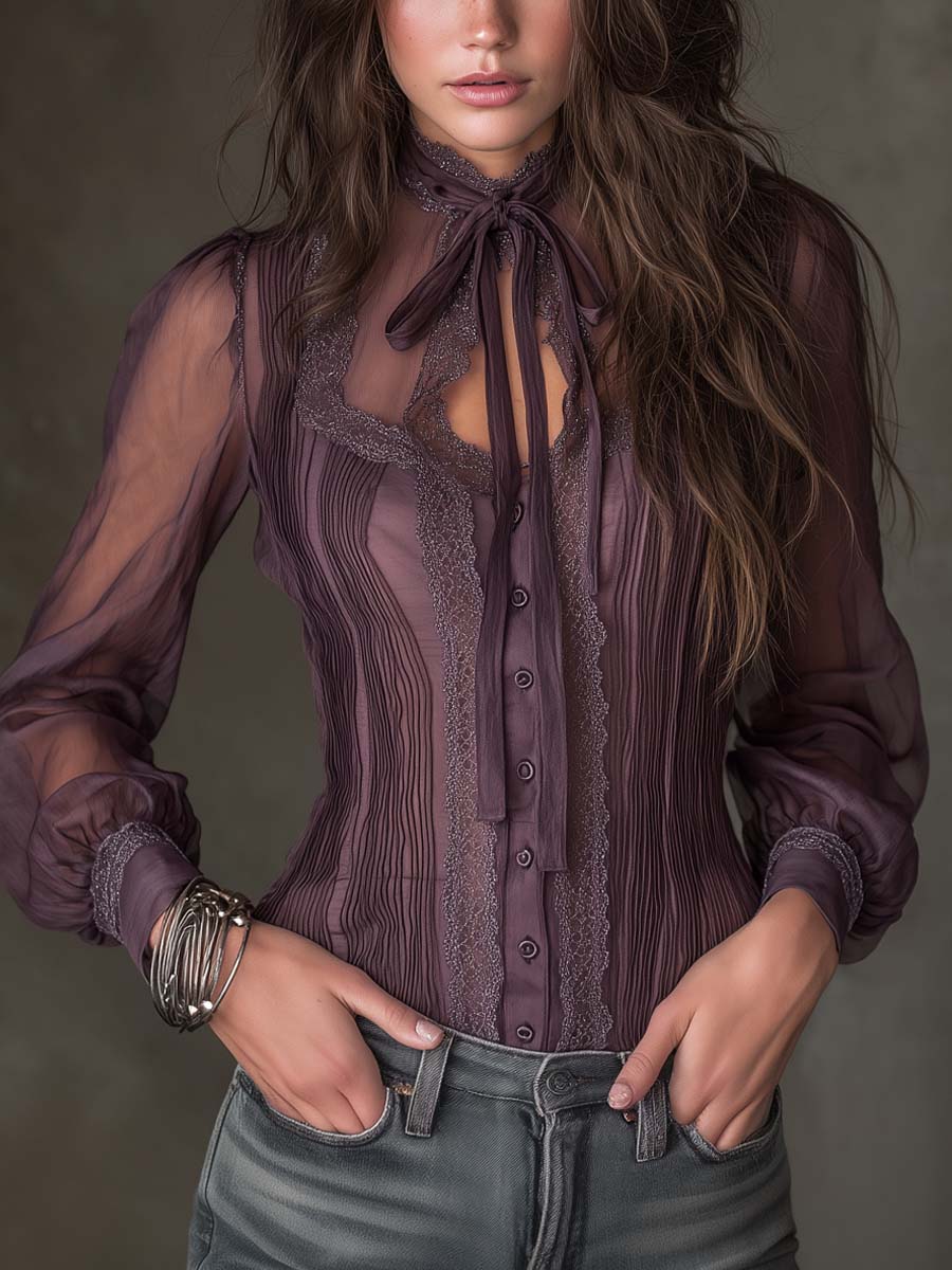 Vintage Tie Collar Pleated Chiffon Blouse