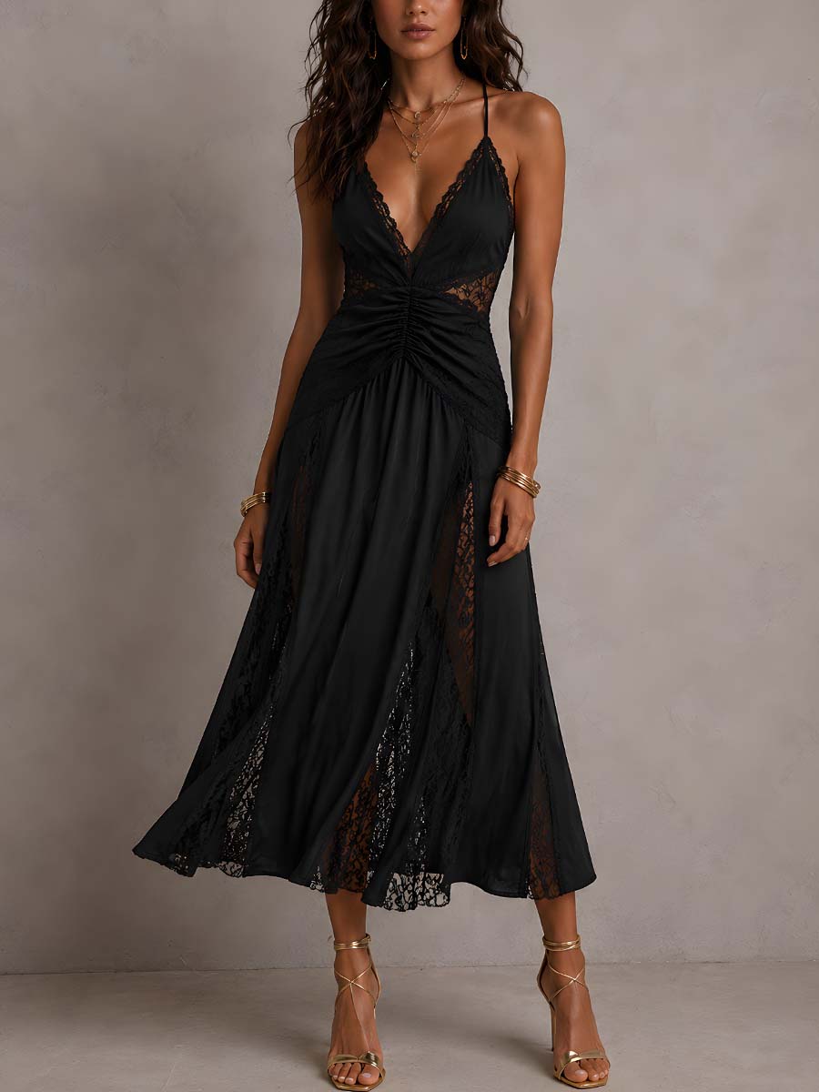 Vintage Spaghetti Straps Lace Panels Midi Dress