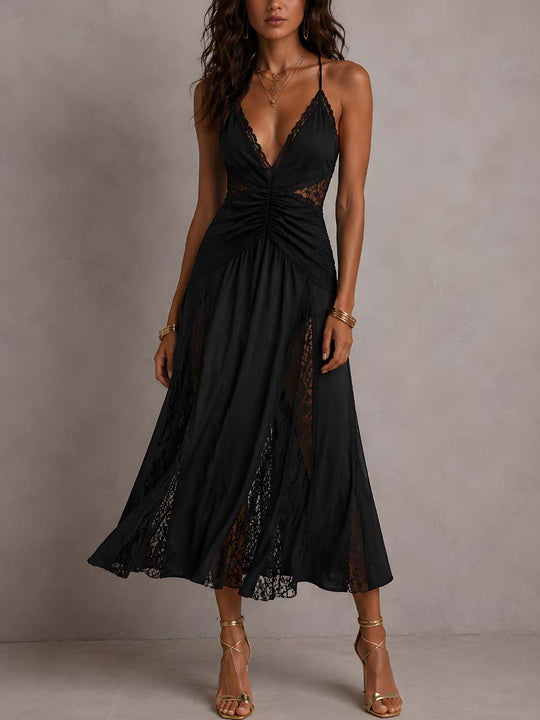 Vintage Spaghetti Straps Lace Panels Midi Dress
