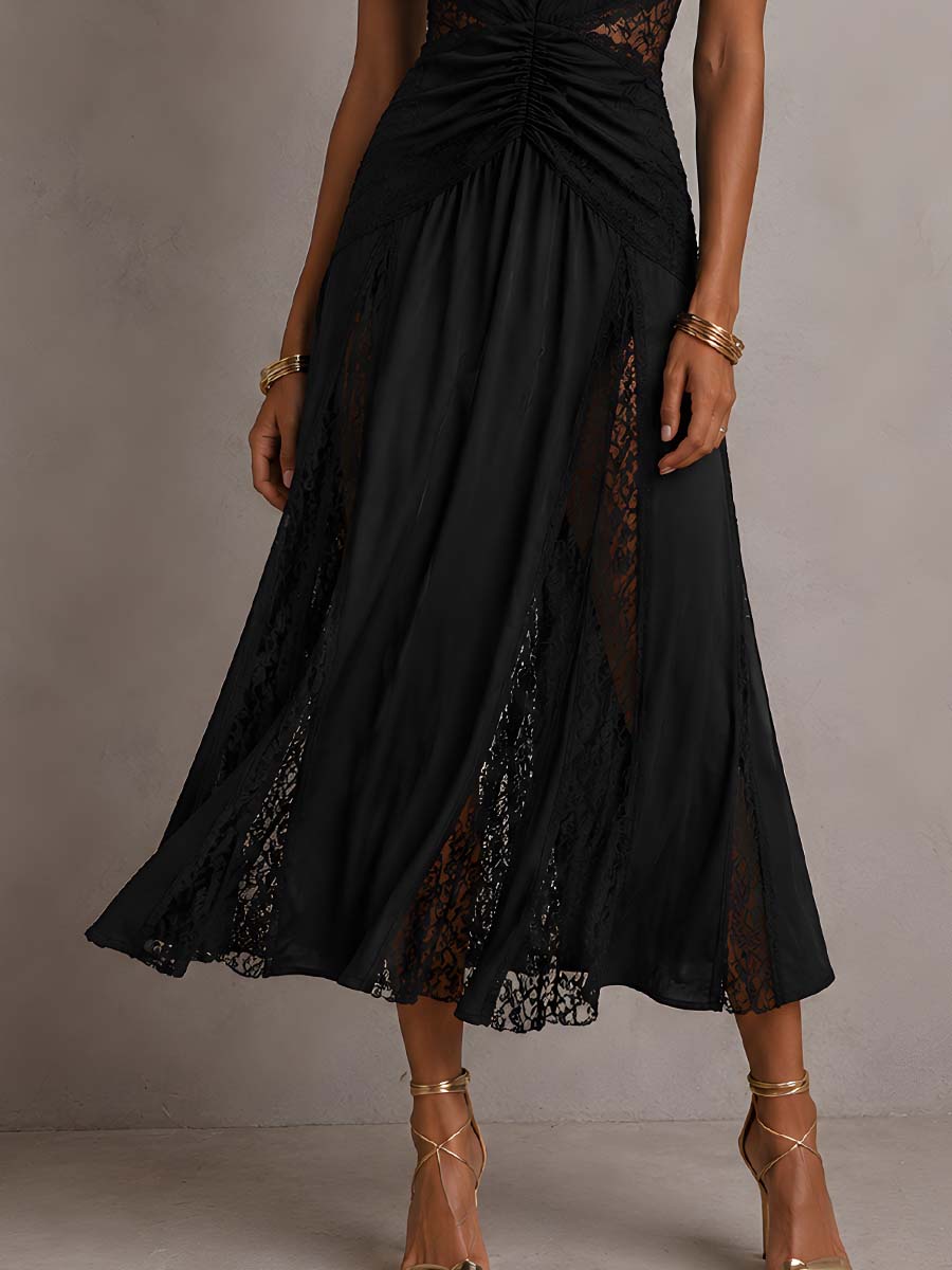 Vintage Spaghetti Straps Lace Panels Midi Dress