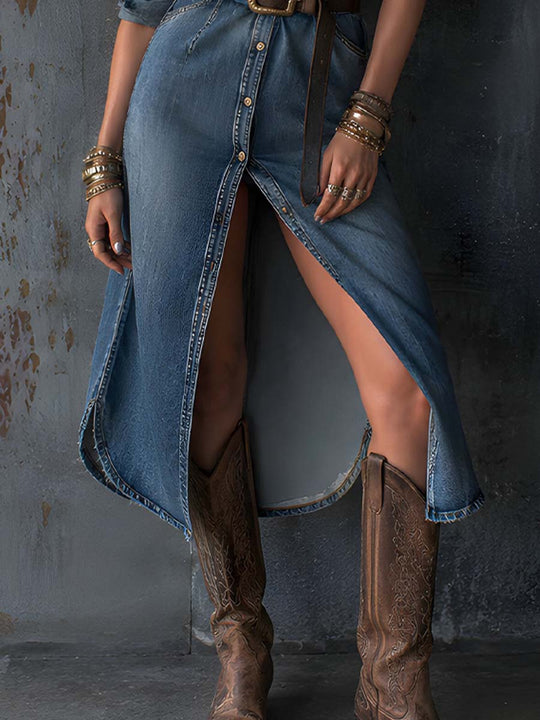 Vintage-style Denim Shirt Midi Dress