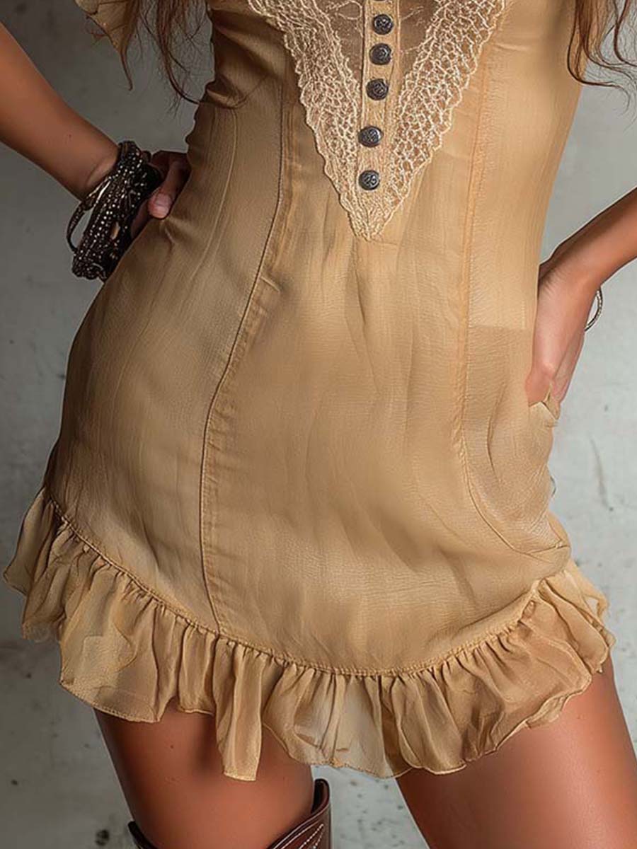 Boho Tencel-linen Lace V-Neck Ruffle Sleeve Mini Dress