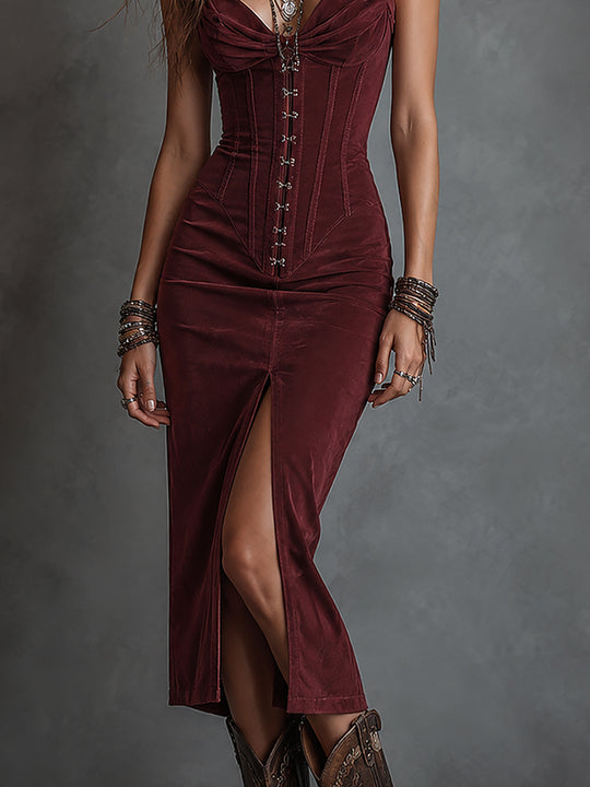 Boho Faux Suede Corset-style Midi Dress With A Slit Hem
