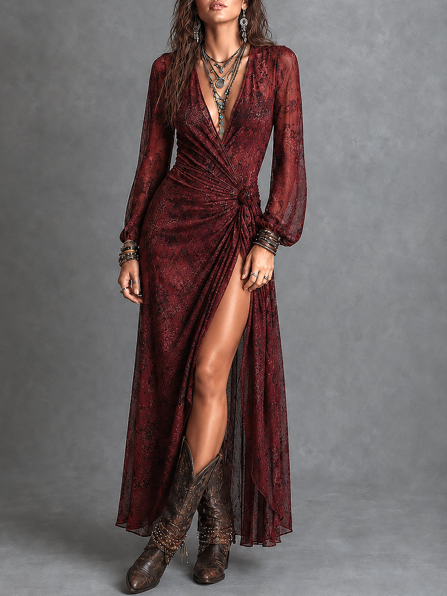 Boho Printed Chiffon Side Tie Wrap Maxi Dress With High Slit
