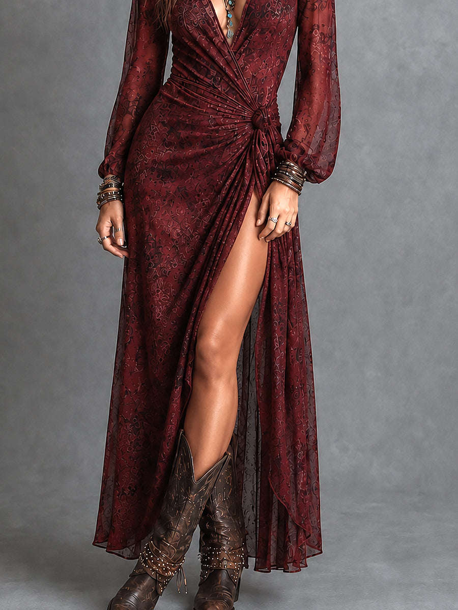 Boho Printed Chiffon Side Tie Wrap Maxi Dress With High Slit