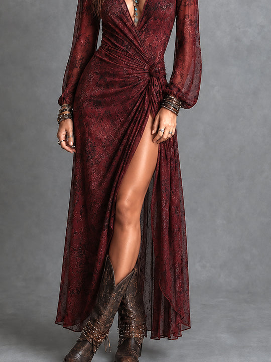Boho Printed Chiffon Side Tie Wrap Maxi Dress With High Slit