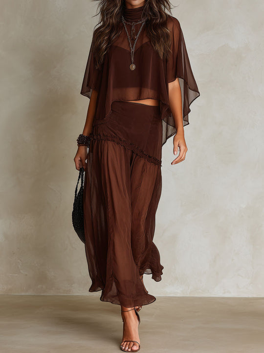 Boho Chocolate Brown Chiffon Sheer Cape Blouse & Wide Leg Pants Two-Piece Set