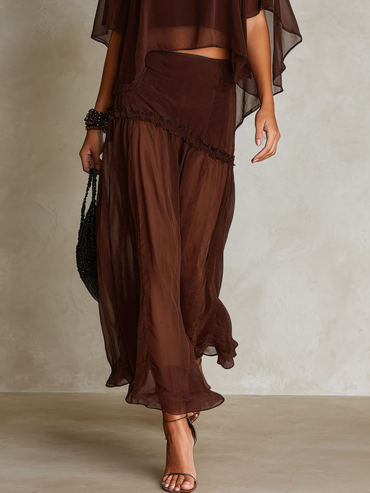 Boho Chocolate Brown Chiffon Sheer Cape Blouse & Wide Leg Pants Two-Piece Set