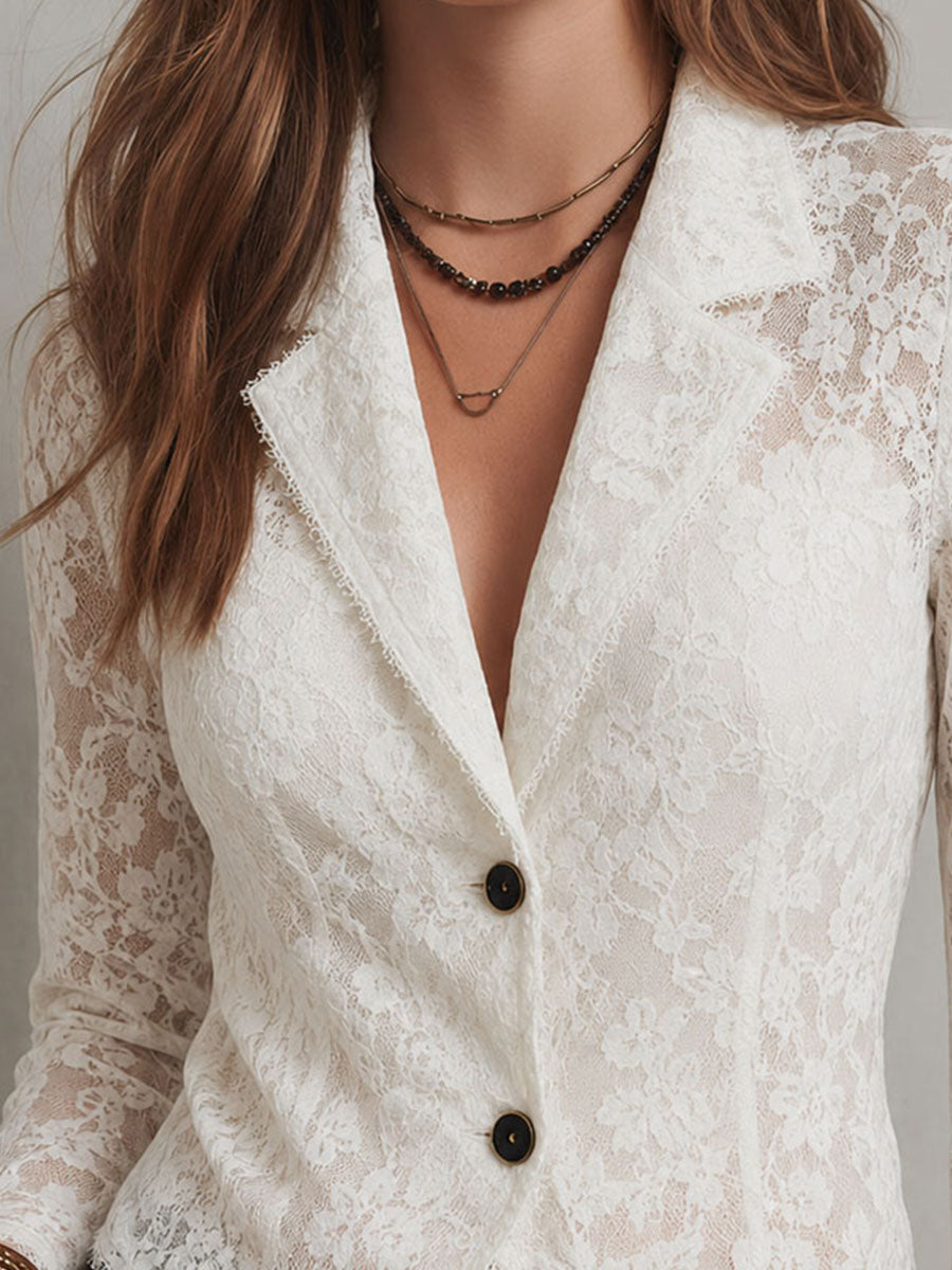 Retro Elegant White Lace Airy Fitted Blazer With Scalloped Hem