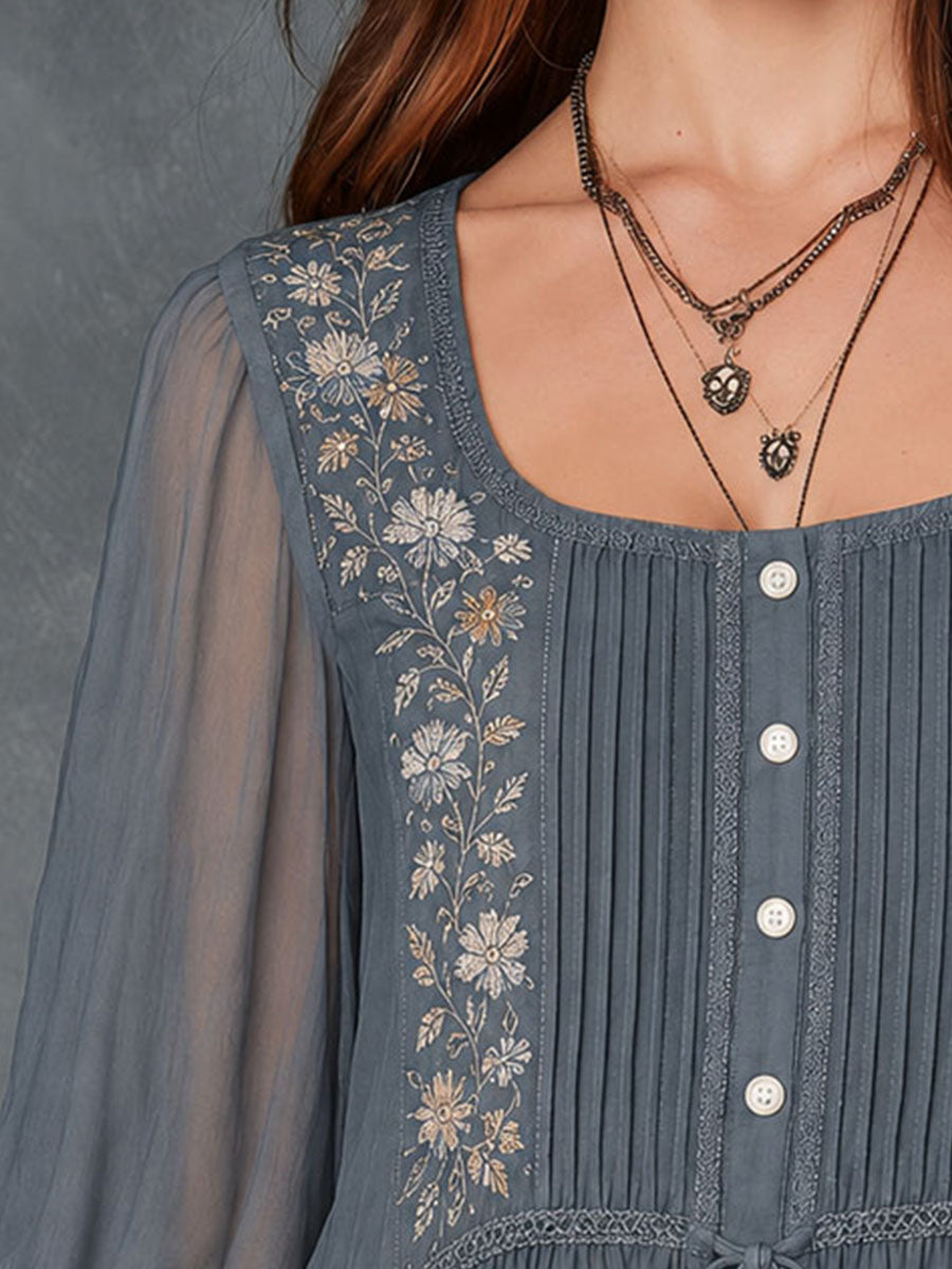 Boho Slate Blue Embroidered Sheer Sleeves Blouse With Tassel Tie