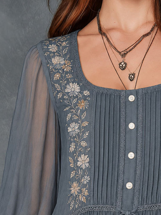 Boho Slate Blue Embroidered Sheer Sleeves Blouse With Tassel Tie