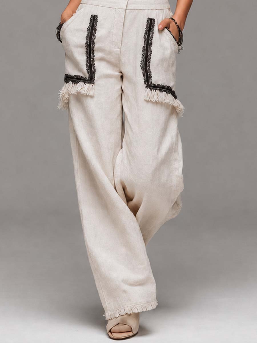 Boho Lace V Neck Fringe Linen Wide Leg Jumpsuit