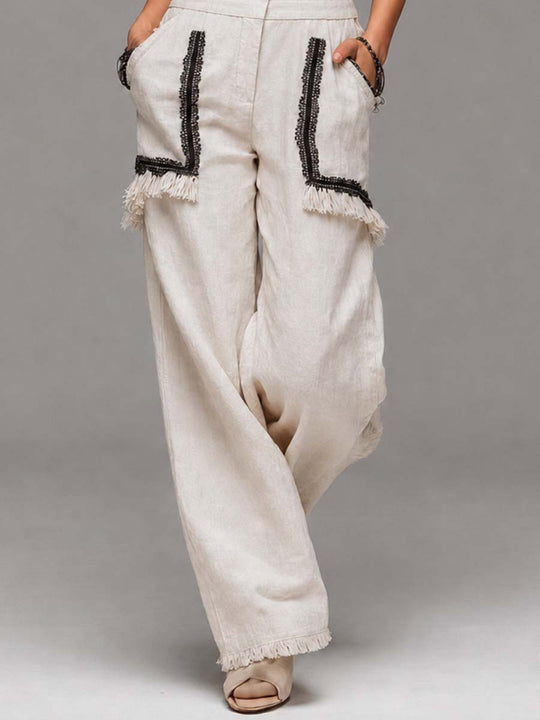 Boho Lace V Neck Fringe Linen Wide Leg Jumpsuit