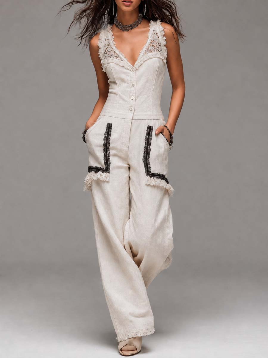 Boho Lace V Neck Fringe Linen Wide Leg Jumpsuit