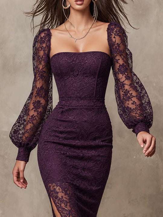 Elegant Square Neck Puff Sleeve Slit Lace Midi Dress