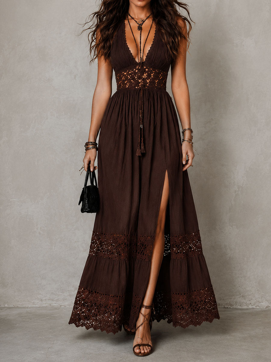 Boho Chocolate Brown Crochet Lace Front Slit Maxi Dress