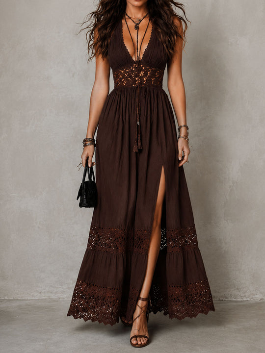 Boho Chocolate Brown Crochet Lace Front Slit Maxi Dress