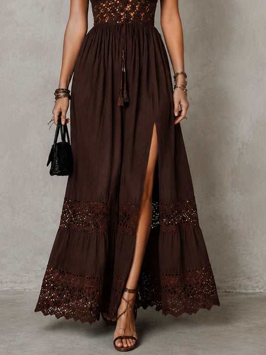Boho Chocolate Brown Crochet Lace Front Slit Maxi Dress