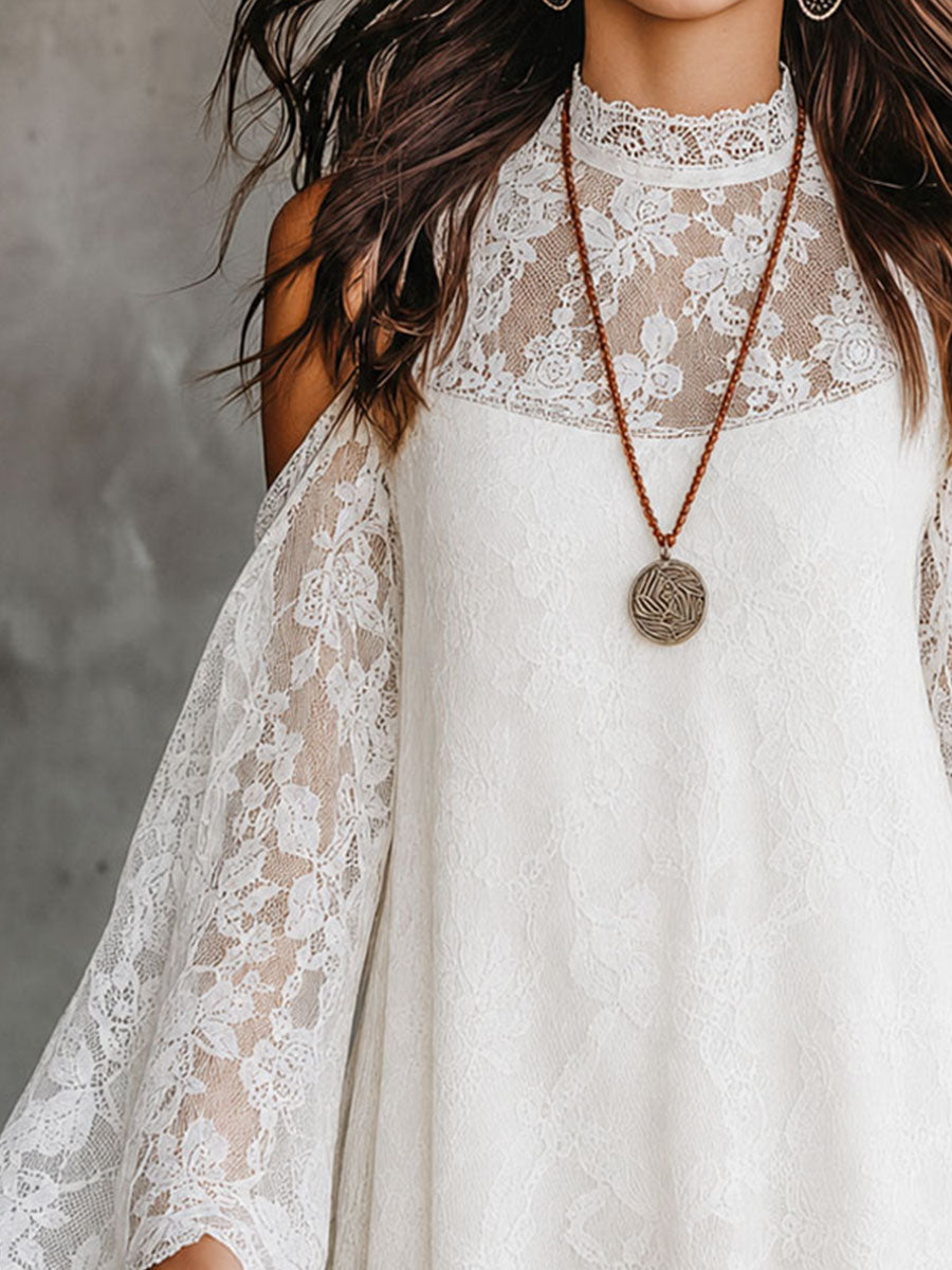 Boho Romantic  White Lace Cold-Shoulder Mini Dress With Flared Sleeves
