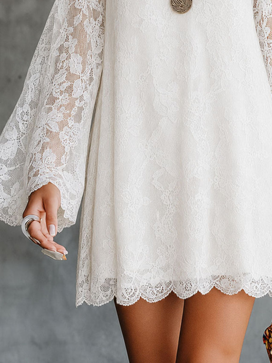 Boho Romantic  White Lace Cold-Shoulder Mini Dress With Flared Sleeves