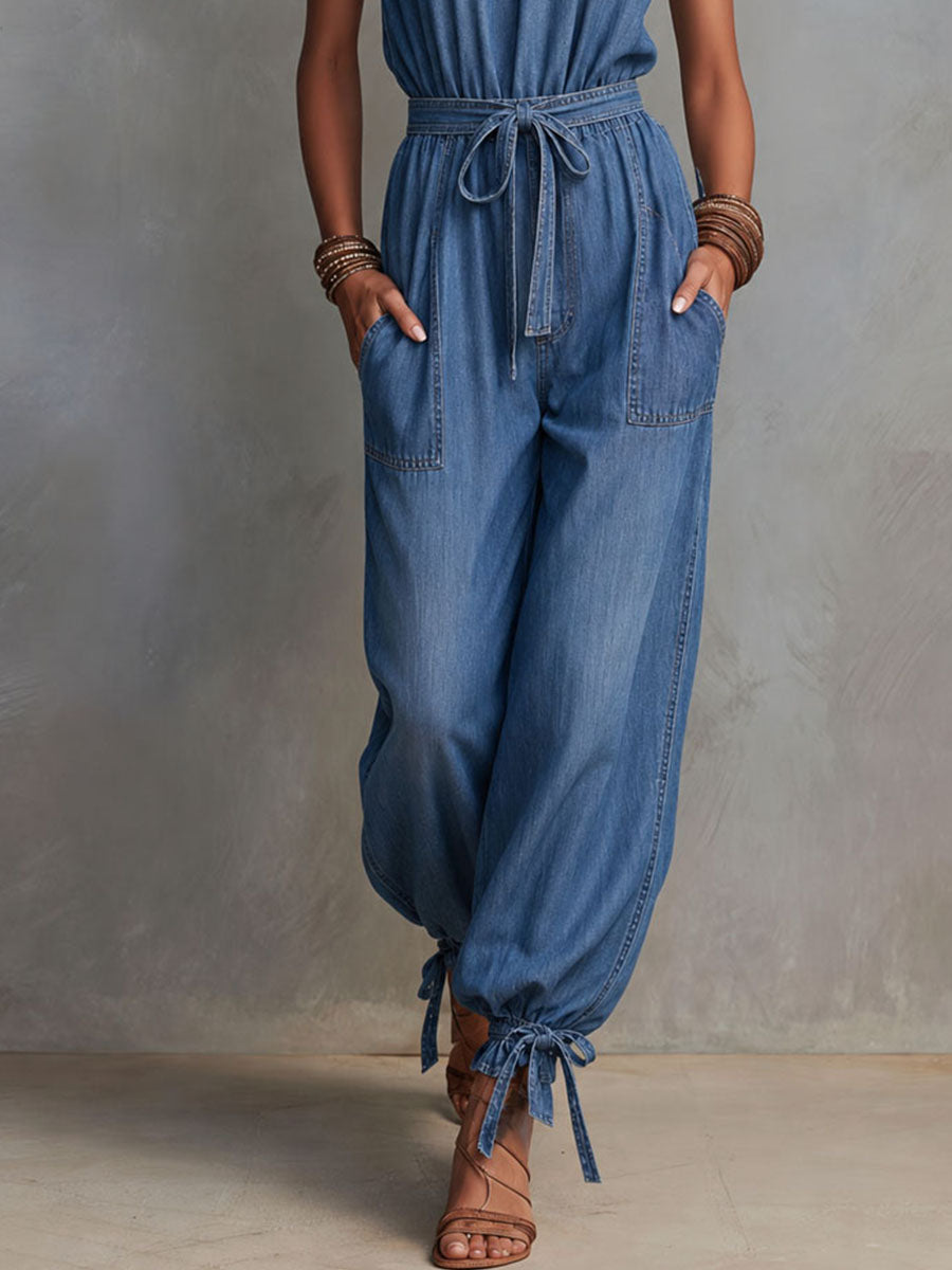 Boho Denim Halter Neck Tie-Waist Jogger Jumpsuit
