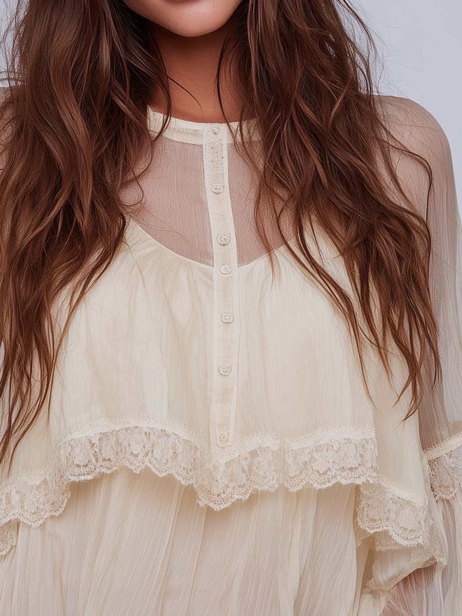 Boho Lace Trim Sheer Balloon Sleeve Button Blouse