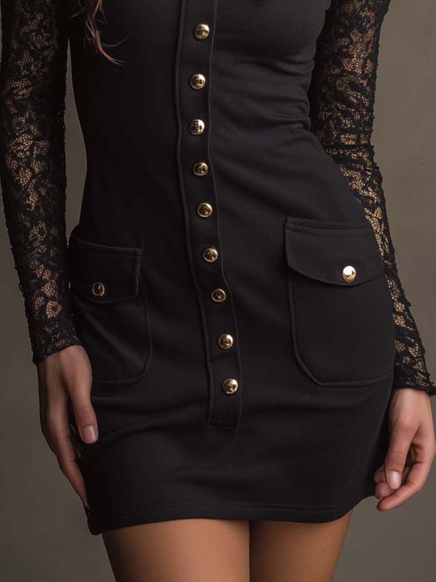 Vintage Elegant Lace Collar Long Lace Sleeve Button Pocket Mini Dress