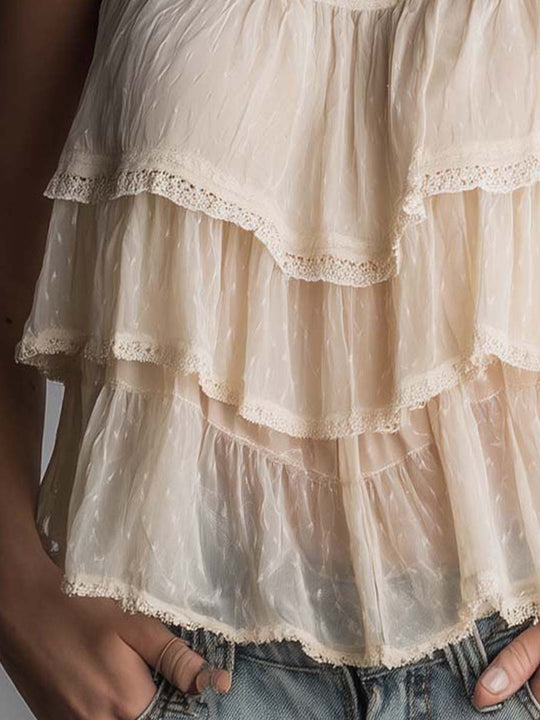 Boho Lace Halter Tiered Ruffle Sleeveless Tank Top