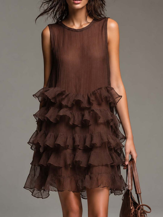 Boho Sleeveless Lightweight Tencel-linen Tiered Ruffle Mini Dress