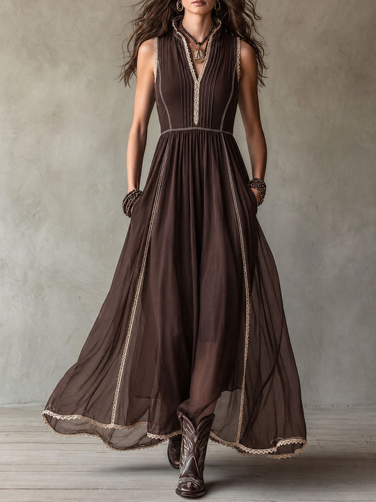 Boho Western Chocolate Brown Maxi Dress With Lace Trim