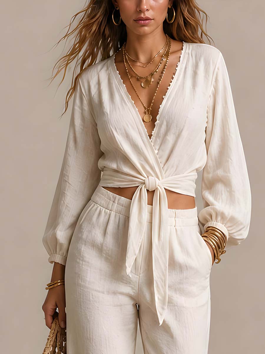 Vintage-style Cotton-linen Wrap-style Two-piece Set