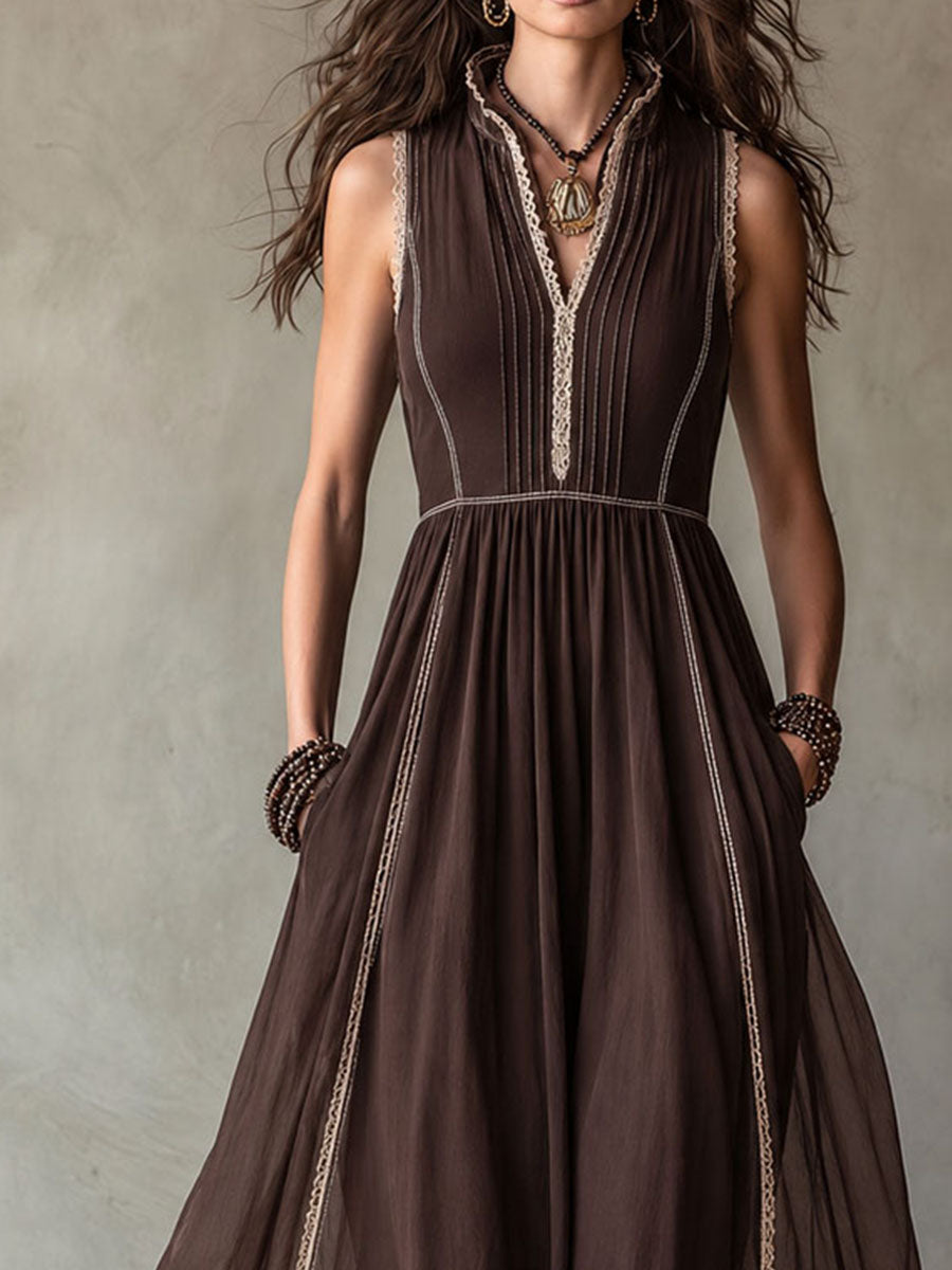 Boho Western Chocolate Brown Maxi Dress With Lace Trim