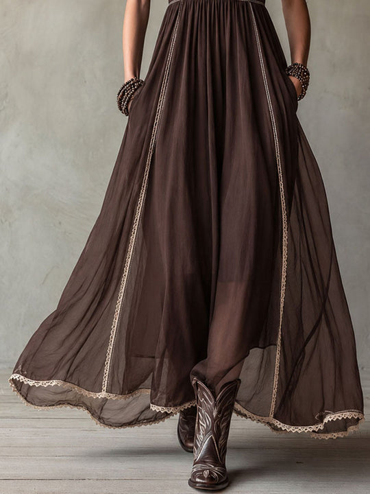 Boho Western Chocolate Brown Maxi Dress With Lace Trim