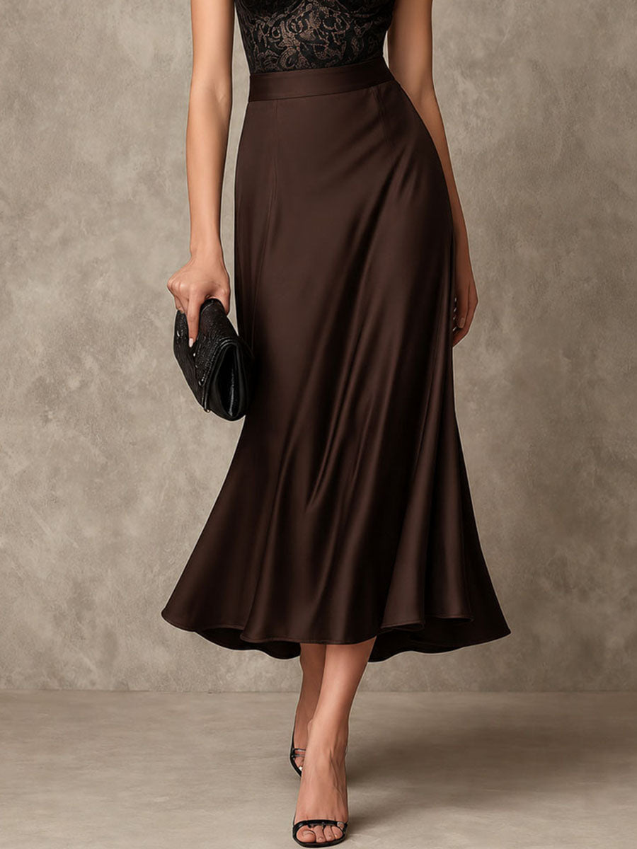 Retro Elegant Chocolate Brown Satin & Lace Halter Midi Dress