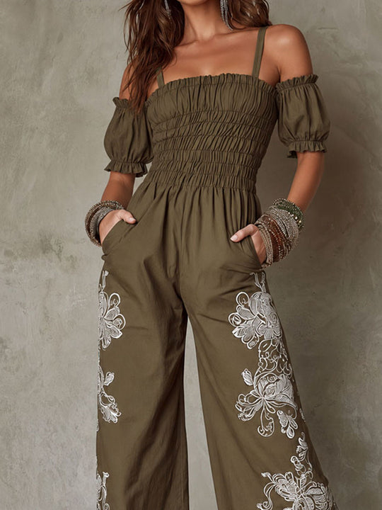Boho Olive Green Smocked Embroidered Wide-Leg Jumpsuit