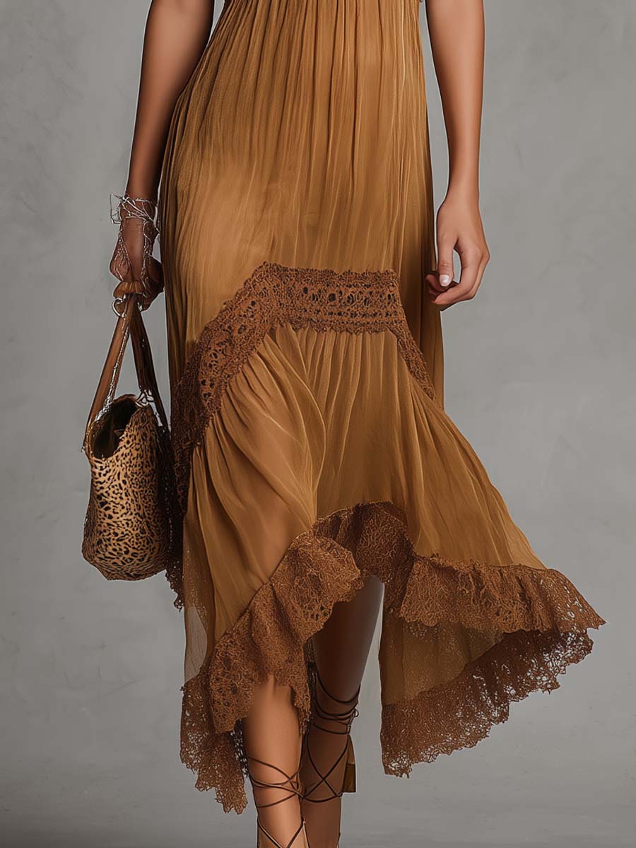 Boho Lace Trim Flutter Sleeve High Low Chiffon Midi Dress