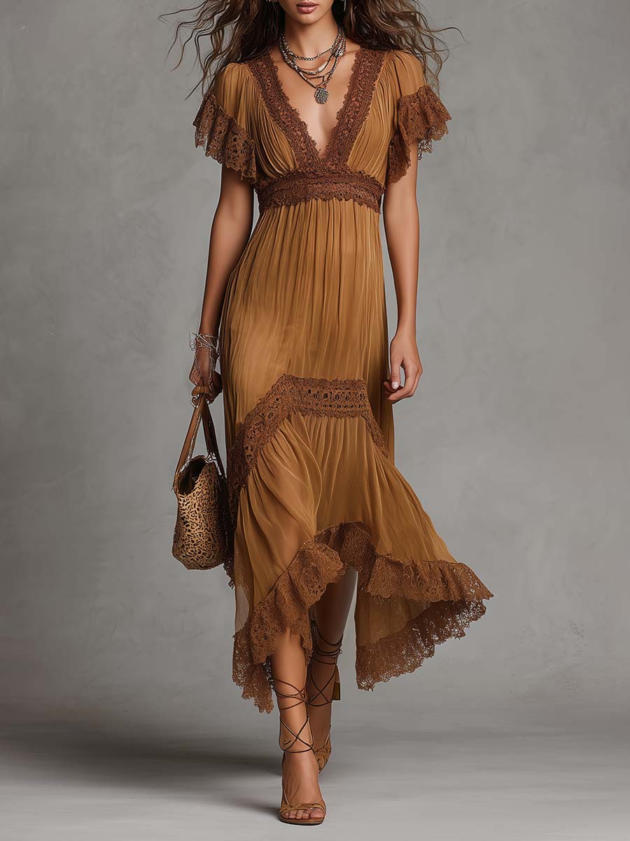 Boho Lace Trim Flutter Sleeve High Low Chiffon Midi Dress