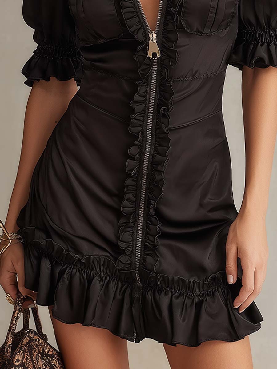 Satin Collared Zip Front Ruffle Pocket Puff Sleeve Mini Dress