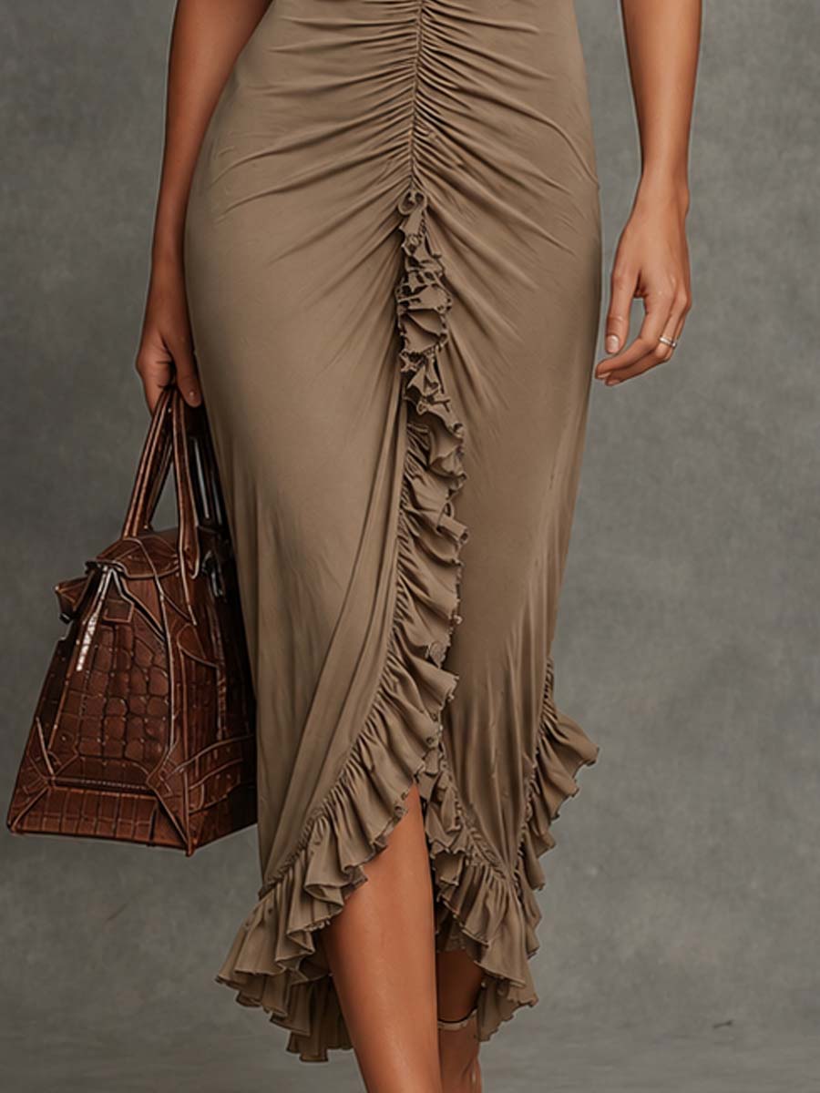 Boho Ruffle Deep Knit Ruched Split Bodycon Midi Dress